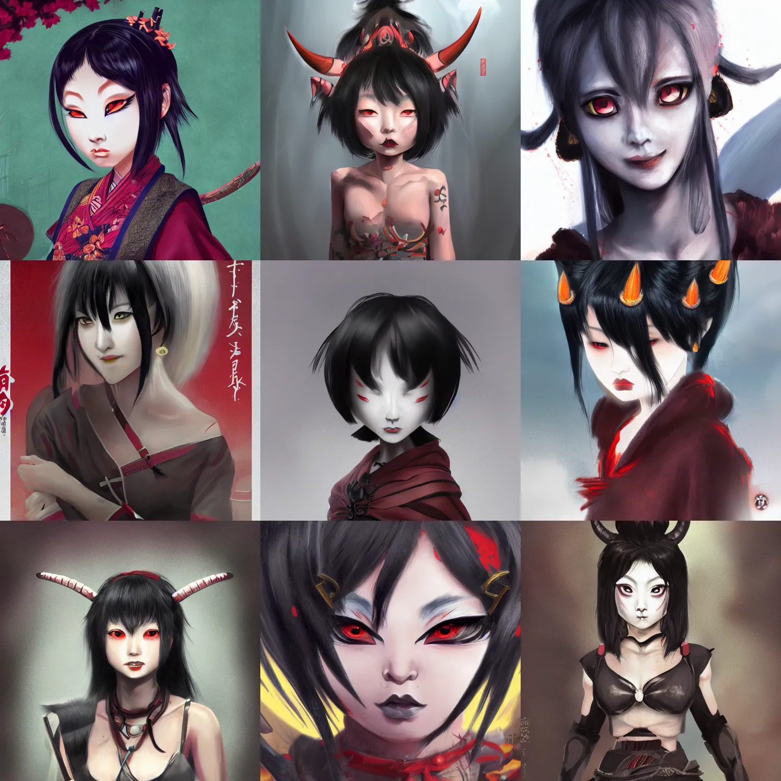 Prompt: concept art of an oni, japanese girl with short black hair, cover illustration, 4 k