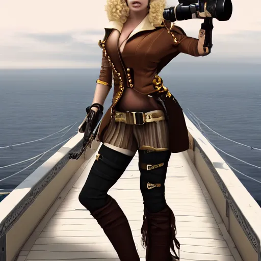 Prompt: a fierce, blonde, well - dressed, steampunk, covered, armed, pirate woman, standing on the deck of her ship gazing at the horizon through a spyglass ready for battle, realistic, 8 k, trending on artstation
