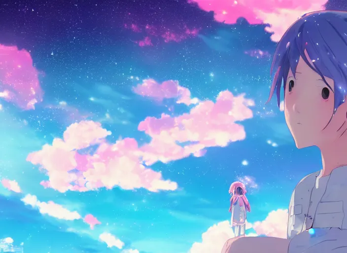 Prompt: pink and blue sky, japanese anime, comet in the sky, nebula, galaxy, Your Name movie style, main character standing looking at sky, wallpaper, 4k, 8k, digital art, wallpaper, artstation