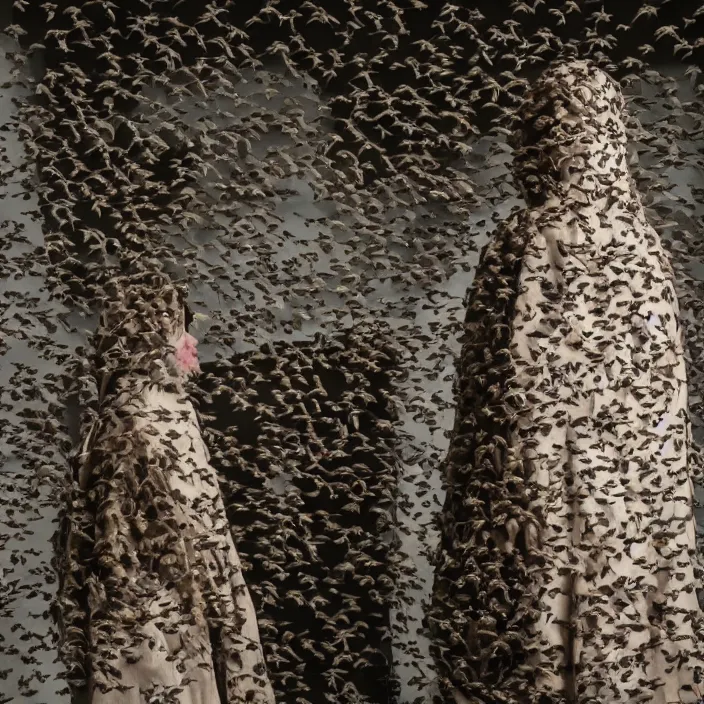 Prompt: a woman wearing a hood made of birds, in an abandoned office building, by jan van eyck, canon eos c 3 0 0, ƒ 1. 8, 3 5 mm, 8 k, medium - format print