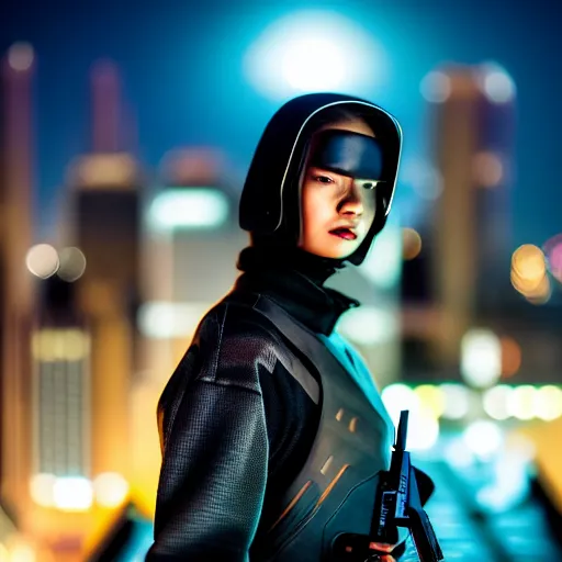 Image similar to photographic portrait of a techwear woman holding a shotgun, holding shotgun down, closeup, on the rooftop of a futuristic city at night, sigma 85mm f/1.4, 4k, depth of field, high resolution, full color, award winning photography, inspired by Kill Bill, inspired by John Wick, inspired by Die Hard, movies with guns, movie firearms