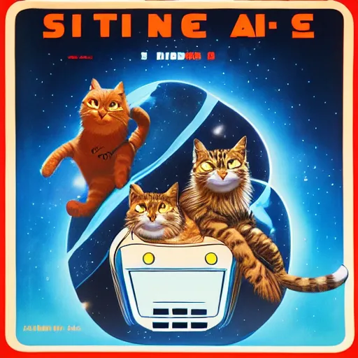 Prompt: a retro movie poster for a sci - fi film about cats in space designed by al kallis 8 k