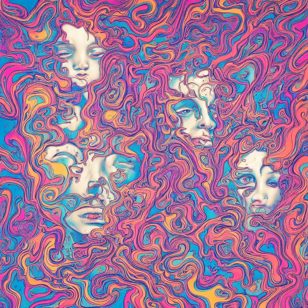 Image similar to acid faces in oil by james jean, photoillustration, mystical baroque, pastel synthwave