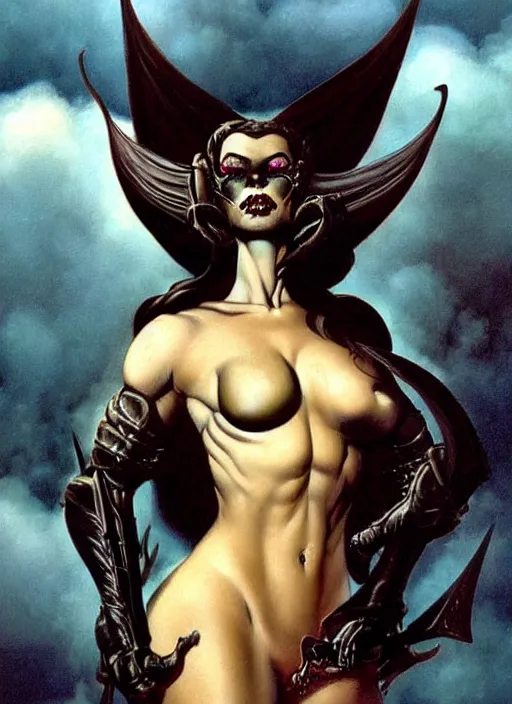 Image similar to portrait of demoness soldier, above black clouds, black iron tiara, strong line, deep color, forest, beautiful! coherent! by boris vallejo, by frank frazetta, minimalism