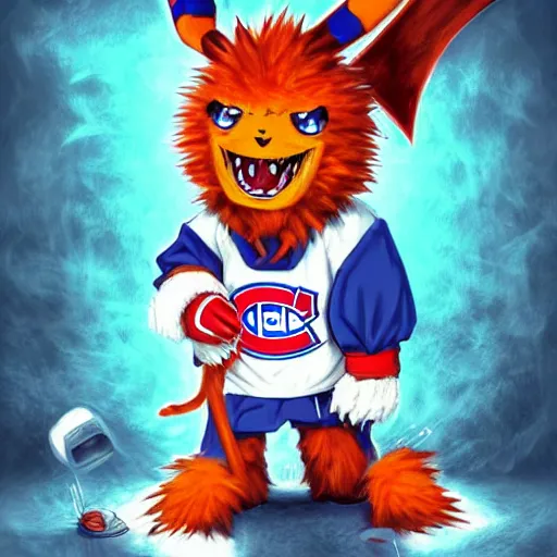 Image similar to scary anime Portrait of Youppi the Habs Montreal Canadiens Mascot as a very cute powerful and violent pokemon, highly detailed anime, high evolution, 1990s, legendary, smooth, sharp focus, dynamic lighting, intricate, trending on ArtStation, stuff of nightmare, illustration pokemon, art by WLOP