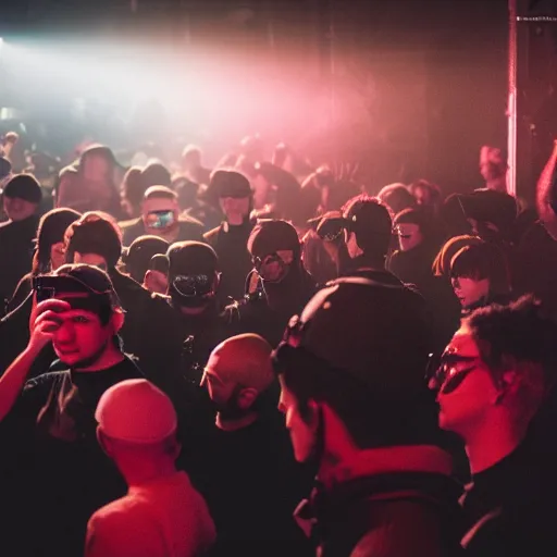 Image similar to photograph of a lot of retro techwear people at a rave inside of a rundown hidden club, brutalism, retrofuturism, cyberpunk, sigma 85mm f/1.4, 35mm, 4k, depth of field, high resolution, 4k, 8k, hd, highly detailed, full color