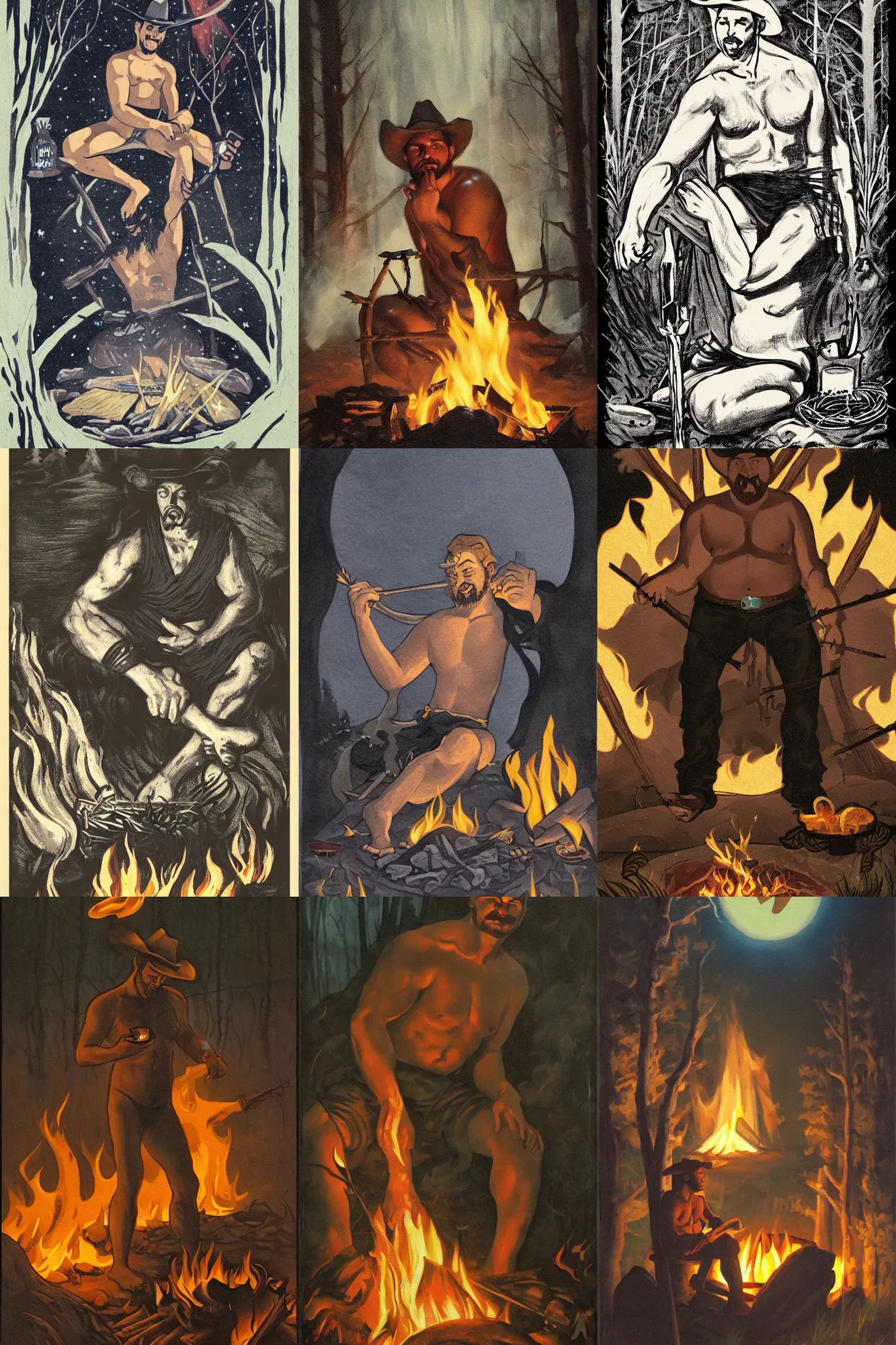 Prompt: a dark ethereal painting of a handsome thicc shirtless cowboy sitting behind a campfire at night. in front of the campfire is an assortment of food and beverages. the man is smirking mischievously. tarot card, art deco, art nouveau. trending on artstation.