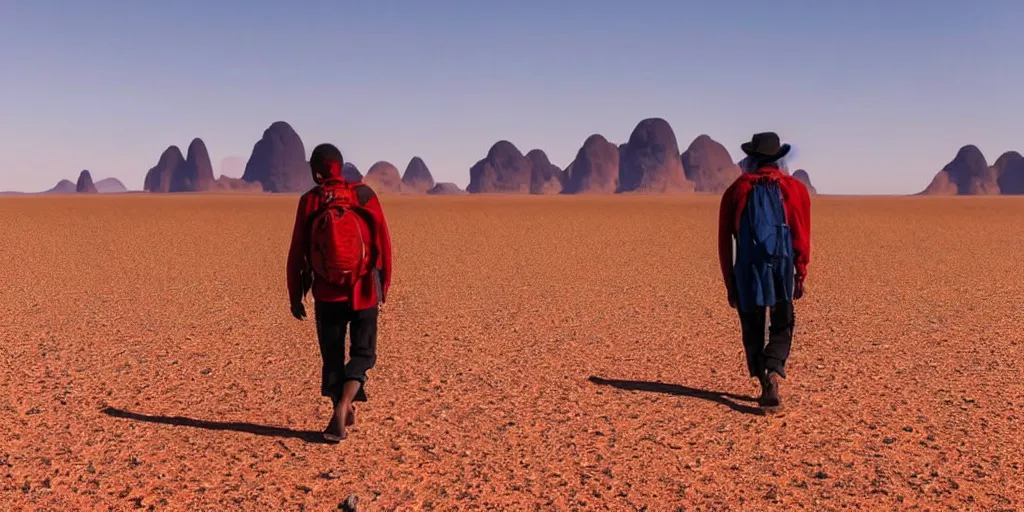 Image similar to of a photography of a man walking on desert , with blue light dark blue sky, long cloths red like silk, ants are big and they shine on the sunlight, there are sand mountains on the background, a very small oasis on the far distant background along with some watch towers, ants are perfect symmetric insects, man is with black skin, the man have a backpack, the man stands out on the image, the ants make a line on the dunes, the sun up on the sky is strong, the sky is blue and there are some clouds, its like a caravan of a man guiding dunes of the desert, colors are strong but calm, volumetric, detailed objects, Arabica style, wide view, 14mm,