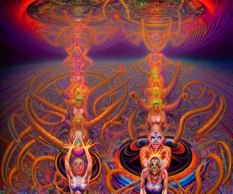 Prompt: realistic detailed image of psychedelic dmt jesters figures made of light dancing a tribal dance, in the outer 5th dimensional toroidal field space by Alex Grey, by Ayami Kojima, Amano, Karol Bak, Greg Hildebrandt, and Mark Brooks. rich deep colors. Beksinski painting, part by Adrian Ghenie and Gerhard Richter. art by Takato Yamamoto. masterpiece