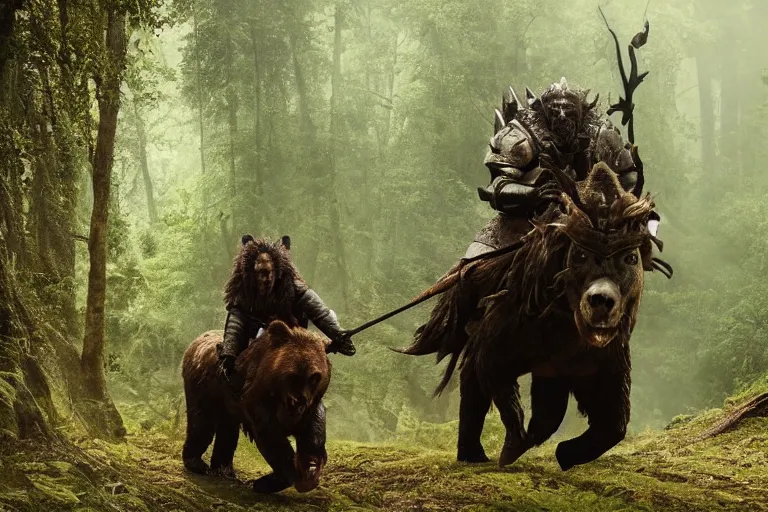 Image similar to vfx movie closeup detailed ancient armored warrior orc hunting riding large bear in the forest, natural lighting by emmanuel lubezki