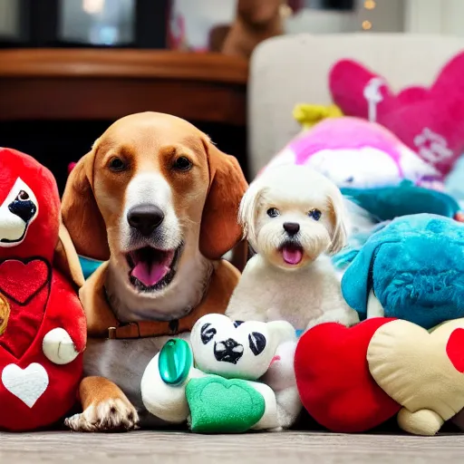 Prompt: dogs surrounded by cuddly toys and love hearts