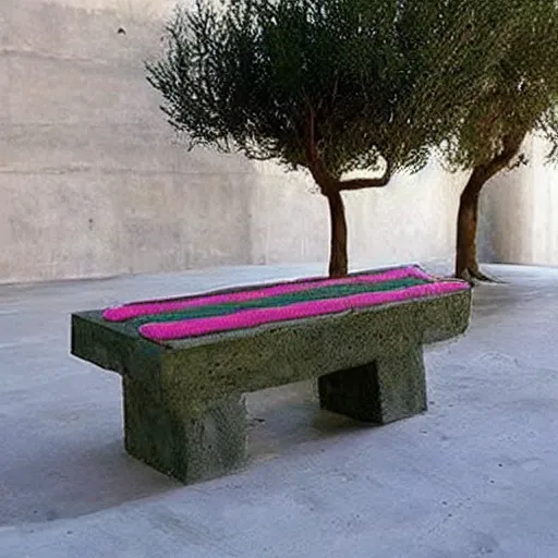 Image similar to creative concrete benches, colorful, olive trees