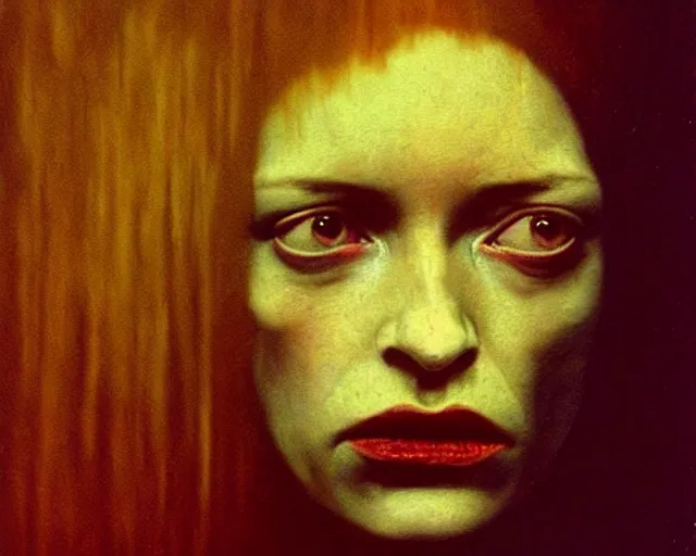 Image similar to by francis bacon, beksinski, mystical redscale photography evocative, full eyebrows lips, expressionism. kat dennings uma thurman christina hendricks tilda swinton