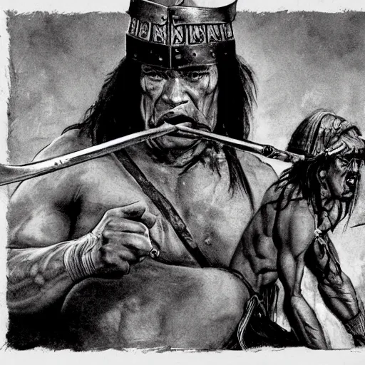 Prompt: conan the barbarian on a bicycle smoking a pipe in a sombrero, photorealistic