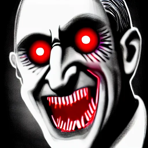 Prompt: bright demonic glowing eyes, digital illustration of secretary of denis mcdonough face, cover art of graphic novel, evil laugh, menacing, Machiavellian puppetmaster, villain, clean lines, clean ink