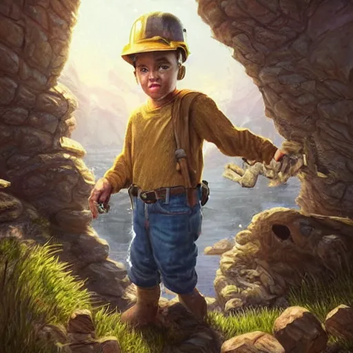 Image similar to clear portrait of miner male, adorable appearance!!!, golden hour, happy apearance, cottagecore!!, background hyper detailed, character concept, full body, dynamic pose, intricate, elegant, highly detailed, digital painting, artstation, concept art, smooth, sharp focus, illustration, art by artgerm and greg rutkowski and alphonse mucha