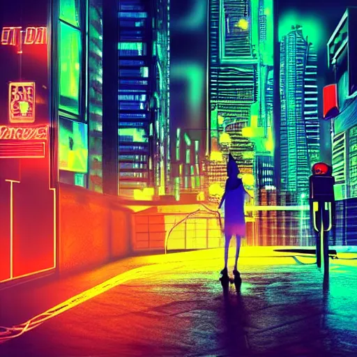 Prompt: cyberpunk city, neon, bright colors, midnight, person on rooftop, shadowy.
