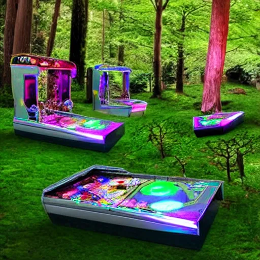 Image similar to al fresco arcade holographic pinball tables in the garden ruins, tree spirits kodama forestfolk excitedly gather round to set a new high score, neon pinball fantasy forest festival