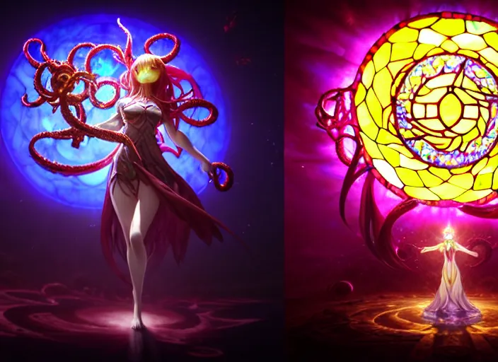Prompt: 3 d render of a extremely beautiful and cute and aesthetic azathoth girl fight against summoners made of stained glass, model pose, bright color, sun shining through, sharp focus, highly detailed face, specular reflection, art by anato finnstark and lecouffe deharme and pete mohrbacher and quentin mabille and frank moth, unreal engine