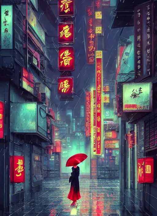 Prompt: a photo lollowing a perfect geisha woman holding an umbrella, futuristic city at nights, rainy day, lots of details, ( ( ( chinese neon shop sign ) ) ), photorealism, cyberpunk art by fyodor vasilyev, zbrush central contest winner, cubo - futurism, synthwave, darksynth, retrowave, shot with hasselblade camera