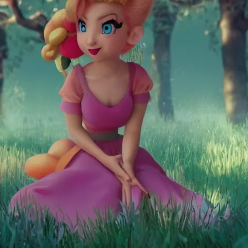 Image similar to Peach from Mario as a pixie dream girl in an A24 film aesthetic!!!