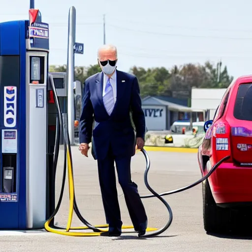 Image similar to joe biden at the gas station pumping gas into his mouth