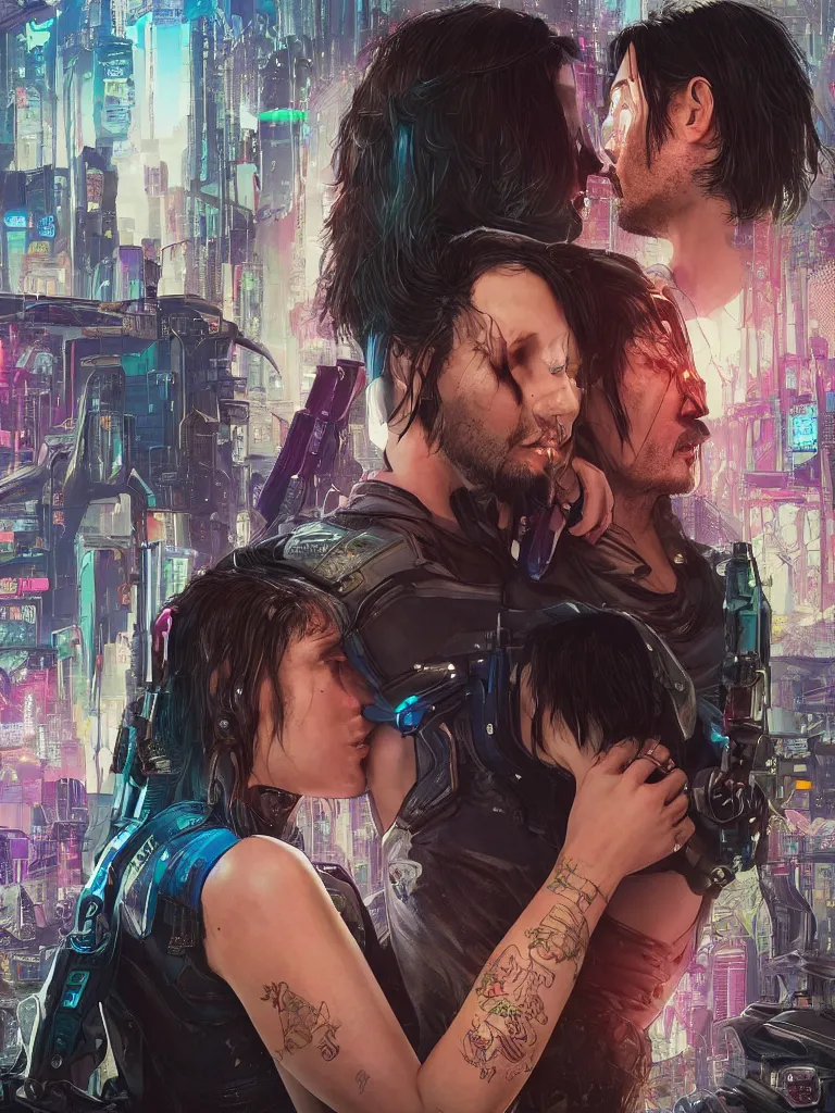 Image similar to a cyberpunk 2077 srcreenshot wedding couple portrait of Keanu Reeves and female android final kiss,love,film lighting,by Laurie Greasley,Lawrence Alma-Tadema,Dan Mumford,John Wick,Speed,Replicas,artstation,deviantart,FAN ART,full of color,Digital painting,face enhance,highly detailed,8K,octane,golden ratio,cinematic lighting