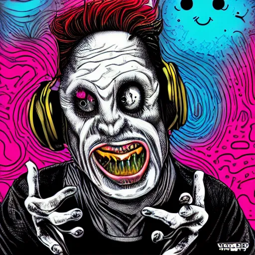 Image similar to artgerm, psychedelic laughing cronenberg friendly looking horror creature, rocking out, headphones dj rave, digital artwork, r. crumb, svg vector