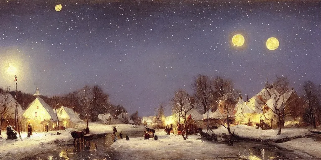 Image similar to a scene of a small rural russian village at night, stars, moon, wintertime, painting by nikolay makovsky