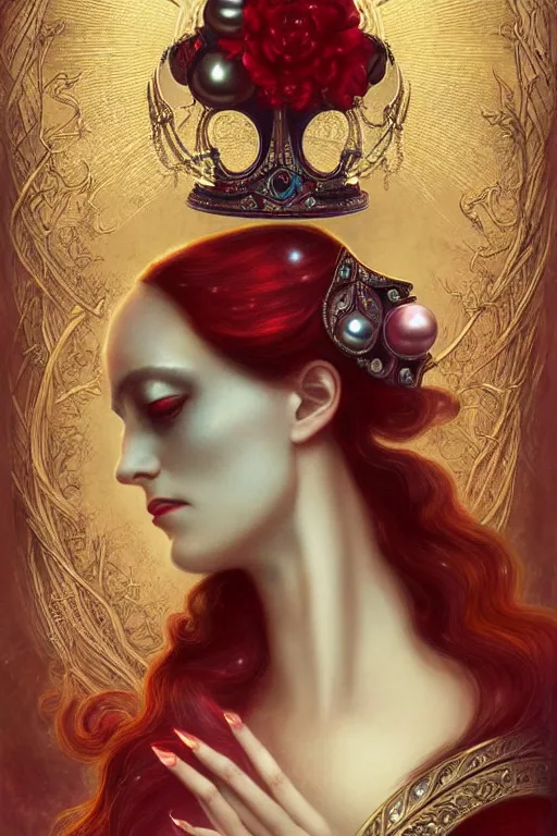 Image similar to Crown with iridescent pearls, ruby jewels, other worldly, art nouveau, by Anato Finnstark, Tom Bagshaw, Brom