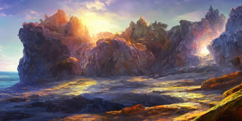 Prompt: salt covered islands surrounded by colourful rugged quartz cliffs, illustration, bright sunlight, sun glints, sunrays, digital art, oil painting, fantasy, 8 k, trending on artstation, detailed