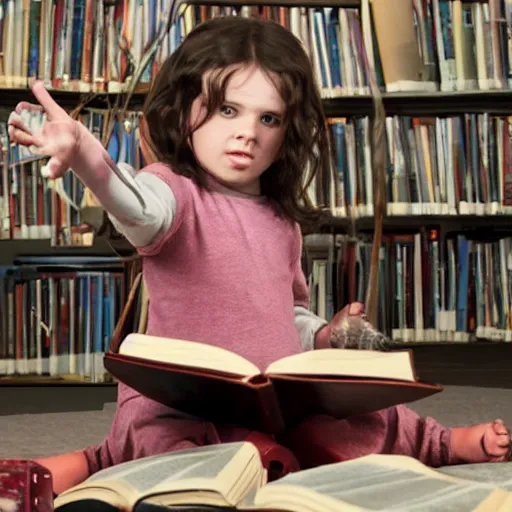 Prompt: A young Matilda using her powers to destroy some bad evil with books around her