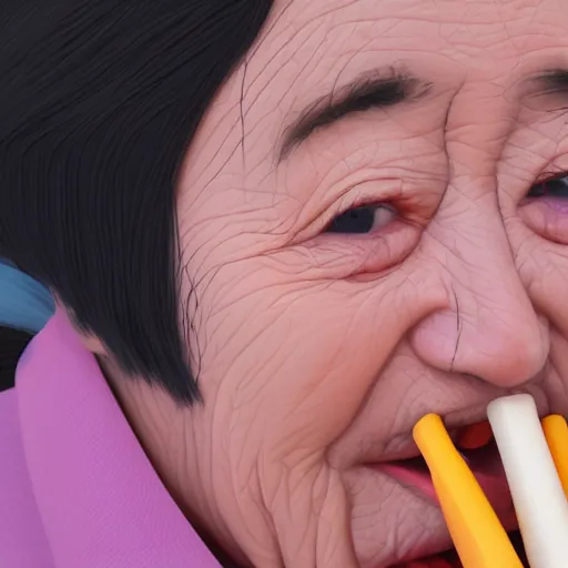 Image similar to closeup of my grandma eating crayons, in the style of mondo grosso killian eng kawase hasui james jean, artstation trending, 8 k, 3 d render, photorealistic, volumetric lighting caustics, black and white, detailed af