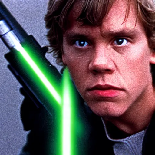 Image similar to A still of Luke Skywalker holding his green lightsaber and looking concerned from Star Wars, 1990, Directed by Steven Spielberg, 35mm