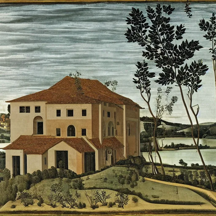 Image similar to a building in a serene landscape, by sandro botticelli