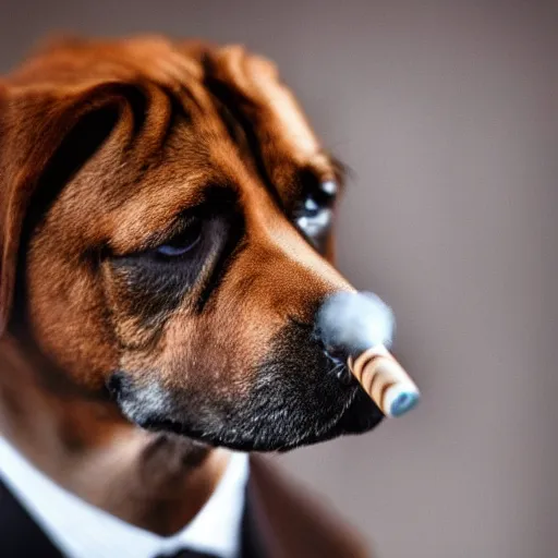 Image similar to a high detail closeup photograph of a dog wearing a suit 👔,and smoking a cigarrette🚬, award wining photograph, digital art