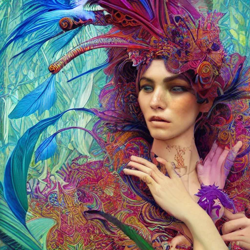 Image similar to A reality bending psychedelic ayahuasca experience, colorful, distorted, surreal, tropical bird feathers, dramatic lighting on the face, intricate lace, elegant fabric, highly detailed jewelry, digital painting, concept art, smooth, sharp focus, illustration, art by Krenz Cushart and Wayne Barlowe and alphonse mucha