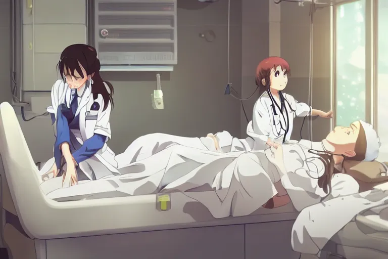 Image similar to a cute and beautiful young female doctor wearing white coat are taking care of a patient on a bed in a hospital ward, slice of life anime, anime scenery by Makoto shinkai