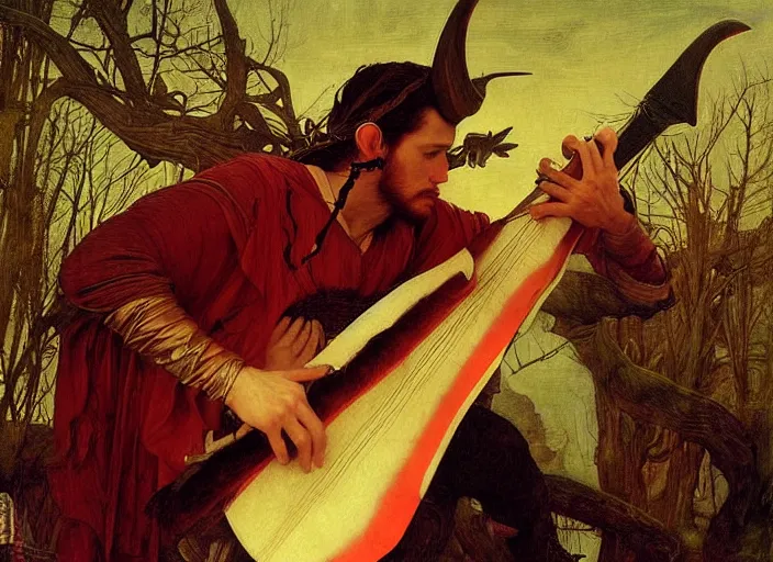 Image similar to bard - a devil with red skin and horns playing lute. edgar maxence and caravaggio and michael whelan and delacroix style, artistic, intricate painting, cinematic lighting, hyper realistic, extremely detailed, vivid colors, establishing shot, dramatic lighting