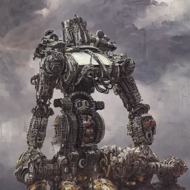 Prompt: symmetrical dieselpunk warrior, giant juggernougt mecha with two legs, details and decals in the utopia city. sci - fi, by mandy jurgens, ashley wood, ernst haeckel, james jean