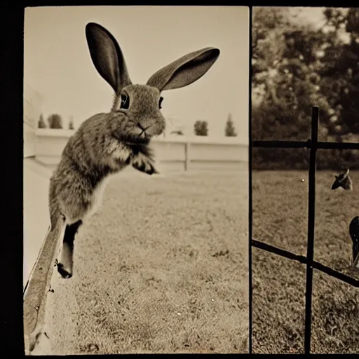 Prompt: a rabbit sitting then jumping up over a fence, film strip reel showing 9 frames