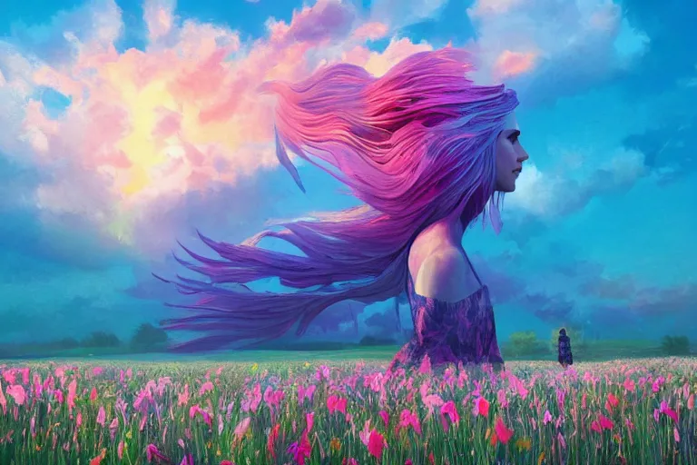 Image similar to giant gladiola head, girl walking in field of flowers, surreal photography, sunrise, blue sky, dramatic light, impressionist painting, digital painting, artstation, simon stalenhag