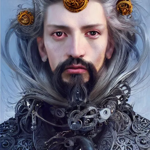 Image similar to portrait, headshot, insanely nice professional hair style, dramatic hair color, digital painting, of a old 17th century, old cyborg merchant, amber jewels, baroque, ornate clothing, scifi, realistic, hyperdetailed, chiaroscuro, concept art, art by Franz Hals and Jon Foster and Ayami Kojima and Amano and Karol Bak,