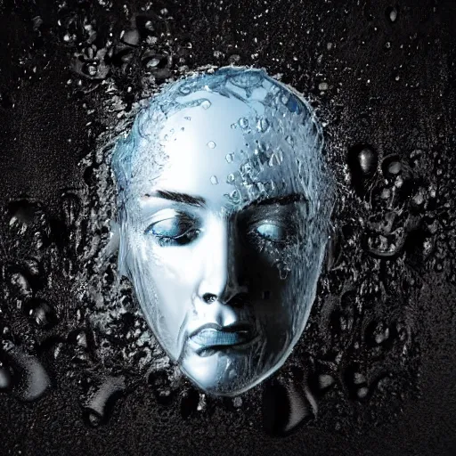 Prompt: icon of a realistic human head made out of water, water art manipulation, dark background