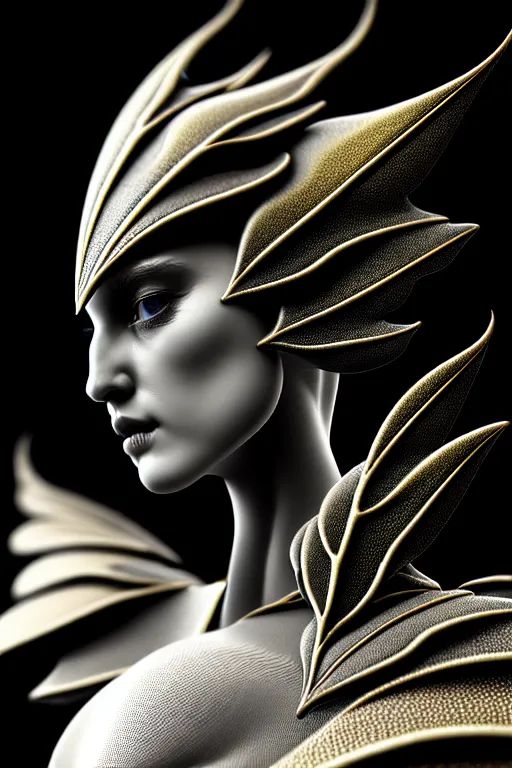 Image similar to bw close - up profile face, black background, beautiful young porcelain vegetal - dragon - cyborg - female, 1 5 0 mm, beautiful natural soft rim light, silver gold details, magnolia leaves and stems, roots, mandelbot fractal, elegant, ultra detailed, white metallic armour, octane render, h. r. giger style