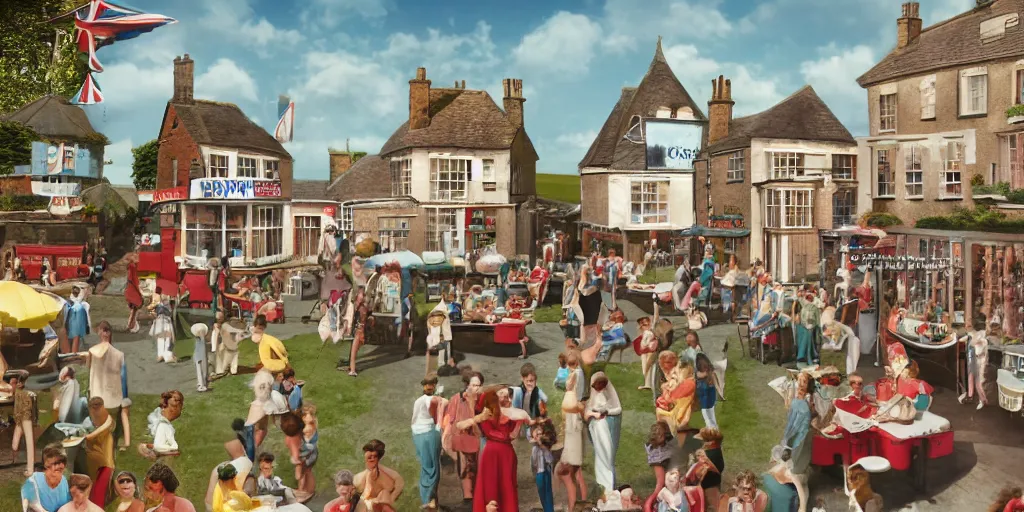 Prompt: digital matte glossy painting nostalgic 1 9 5 0 s ice cream fan village britain, detailed in the style of trevor mitchell