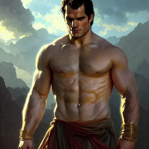 Image similar to Henry Cavill is a Greek god, gorgeous, amazing, muscular, intricate, elegant highly detailed, digital painting, artstation, concept art, sharp focus, illustration, art by artgerm, greg rutkowski, alphonse mucha