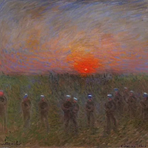 Prompt: Claude Monet painting of tired and battered soldiers looking up and observing the first rays of sunlight during dawnbreak, dramatic painting, dark, scary, hopeful