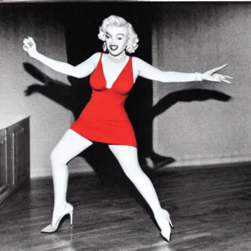 Prompt: photo of marilyn monroe dancing in a red dress, realistic