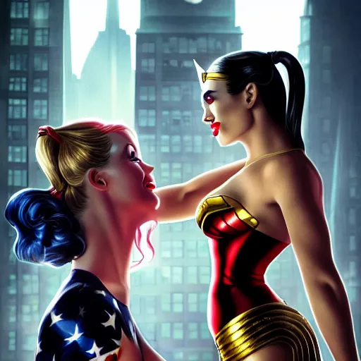 Prompt: side shot, photo of Harley Quinn making out with Wonder Woman, looking out towards gotham city, big bust, intricate, elegant, super highly detailed, professional digital painting, artstation, concept art, smooth, sharp focus, no blur, no dof, extreme illustration, Unreal Engine 5, 8K, art by artgerm and greg rutkowski and alphonse mucha and loish and WLOP